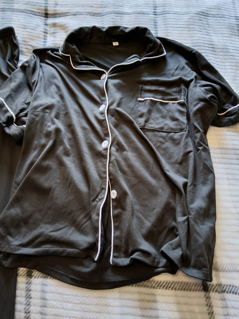 Black Short-Sleeve Button Pajama Set with White Piping - Picture 2 of 4